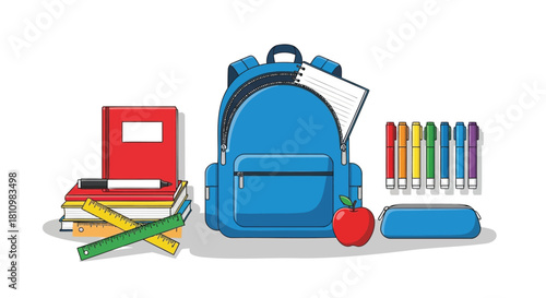 A vibrant collection of essential school supplies including a blue backpack books rulers markers and an apple