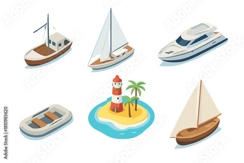 Isometric set featuring various boats, ships, yacht, inflatable raft, and a tropical island with a lighthouse