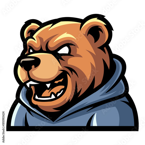 Cartoon graphic of a grizzly bear mascot with an aggressive expression, wearing a blue hoodie, set against a black background in a clean digital art style