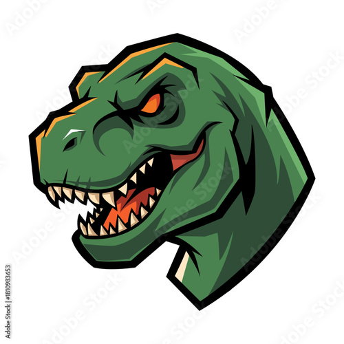 Cartoon style vector illustration of a Tyrannosaurus Rex head. Depicts a green dinosaur with orange eyes and sharp teeth on a black backdrop, showcasing a stylized and angry expression