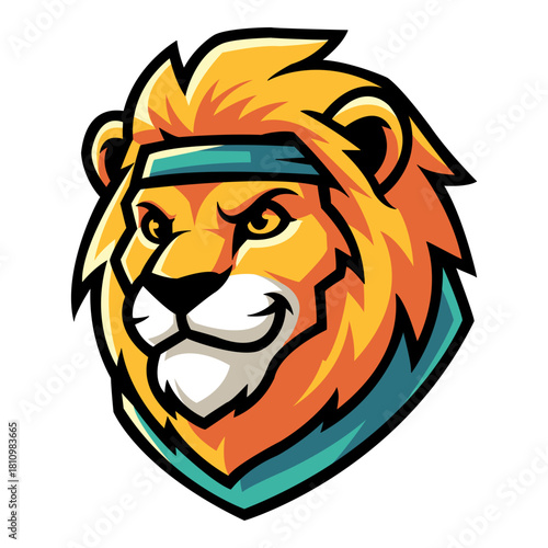 Cartoon illustration of a fiery orange and teal lion head with a determined expression and an athletic headband on a plain black background, perfect as a sports team mascot
