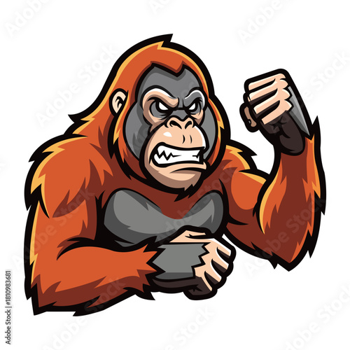Cartoon orangutan with angry expression, posing with fists raised on black background. Mascot character vector illustration. Includes strong vibrant colors