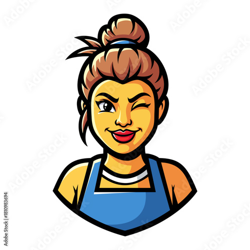 Cartoon portrait of a young woman with a winking expression. She has brown hair in a topknot and wears a blue apron, set against a black background