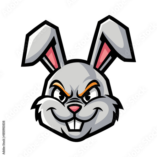 Illustration of a cartoonish grey rabbit head mascot featuring orange eye highlights. It is set against a dark backdrop with intricate shadows. The rabbit head conveys a smirking facial expression