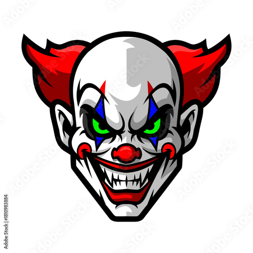 A scary clown face with red hair and menacing green eyes is depicted on a black background, evoking a feeling of horror and dread