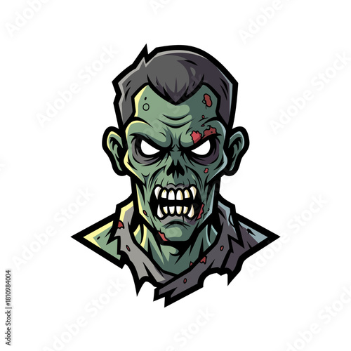 A grinning green zombie with gray hair and a torn gray shirt is featured against a black background, its white eyes glowing intensely, creating a chilling visual