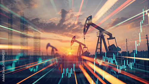 Oil pumps silhouetted at sunset with financial data charts concept. Dynamic oil drilling scene emphasizing energy and technology.