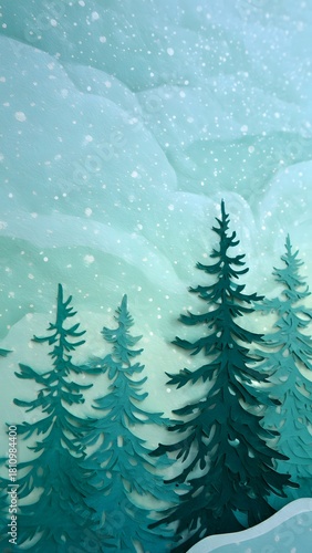 A clean, minimalist, and aesthetic Christmas background design rendered in a snowy green pine with a papercut style, offering generous copy space