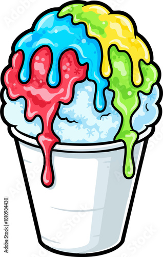 Colorful shaved ice dessert with dripping syrup