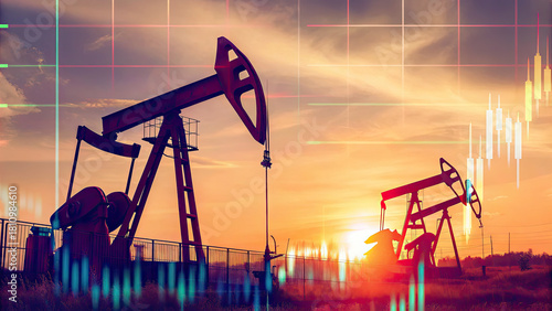 Oil pumps in field at sunset with financial charts concept. Oil pump jacks extracting resources at sunset with financial graphs.