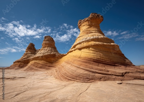 Layered sandstone formations rise against a clear blue sky.
