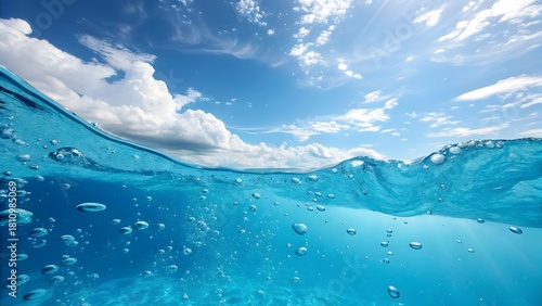 Fototapeta Naklejka Na Ścianę i Meble -  Underwater view of blue ocean water with sky and clouds for background wallpaper and summer travel theme