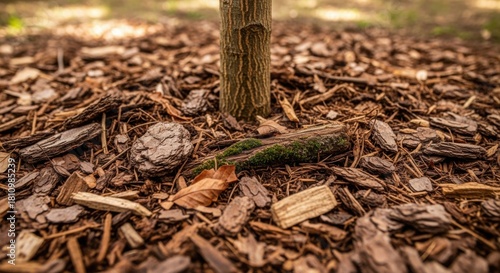 Wallpaper Mural Good ecology through soil improvement with wood chips and young plant, seen in close-up, detailed perspective. Good ecology practices, like mulching with organic material, enrich gardens. Torontodigital.ca