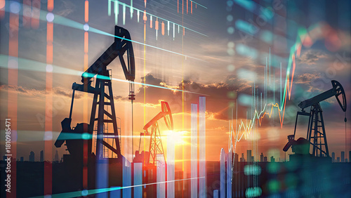 Oil pumps silhouetted at sunset with financial data charts concept. Oil rigs silhouetted against a sunset with financial graphs overlay.