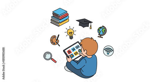 Child engaged in digital learning surrounded by symbols of education and knowledge acquisition