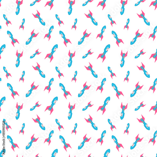 Pattern with flat design of a cartoon-style rocket with a blue body, a pointed top, pink fins, and a small window on its side draw in doodle style