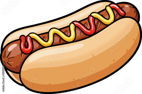 Cartoon hot dog with mustard and ketchup topping