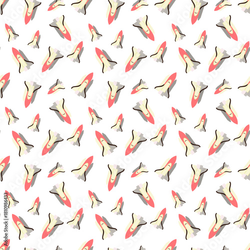 Pattern with flat design of cartoon-style space shuttle with a cream-colored body, a red nose cone, and cream and grey wings or boosters in doodle style