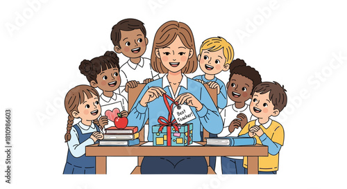 Joyful teacher receives thoughtful gift from diverse group of happy students on appreciation day