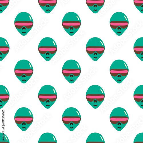 Pattern with flat design of Behold the Cosmic Observer! This teal alien sports oversized sunglasses with pink lenses, a small mouth, and a bold black outline