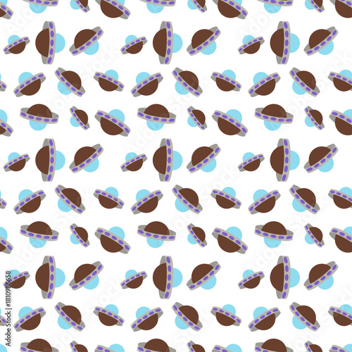 Pattern with flat design of cartoon-style brown flying saucer with a grey rim adorned with purple circles and a light blue dome on top