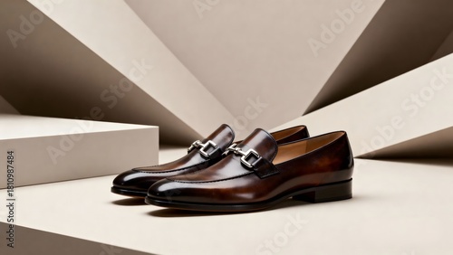 Pair of brown leather loafer shoes for men displayed in studio setting shot