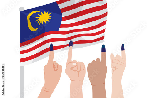 Vector illustration of Malaysia General Election Day Concept. Voter fingers with blue ink marked on nail