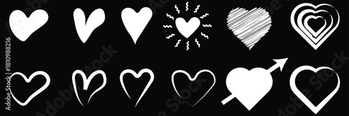 Hand drawn heart icons set, love and romance doodles vector design on transparent background. pink hand drawn hearts. unique heart various styles and shapes. Pink hearts doodle artistic set