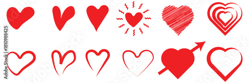 Hand drawn heart icons set, love and romance doodles vector design on transparent background. pink hand drawn hearts. unique heart various styles and shapes. Pink hearts doodle artistic set