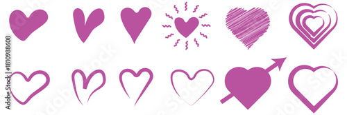 Hand drawn heart icons set, love and romance doodles vector design on transparent background. pink hand drawn hearts. unique heart various styles and shapes. Pink hearts doodle artistic set