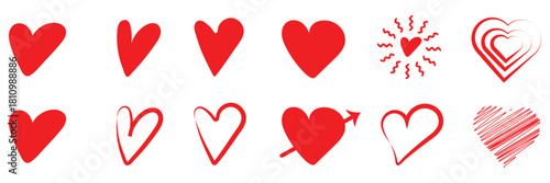 Heart doodles, decorative hearts line art, heart illustration borde, love symbol collection, isolated on white background