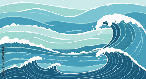 Stylized ocean waves illustration with blue and teal colors and white foam