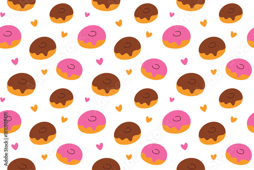Vector illustration seamless pattern of flat cartoon donuts with chocolate and pink strawberry glaze and hearts, cute festive design for gift packaging, bakery backgrounds, cafe confectionery pattern