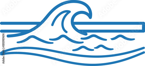 Minimalist ocean wave illustration with diving board in blue line art style