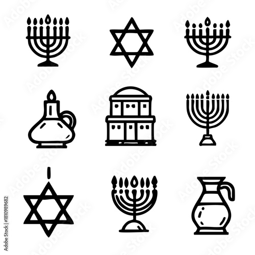 A collection of religious symbols including a Star of David, a menorah, and a building. The symbols are drawn in black and white