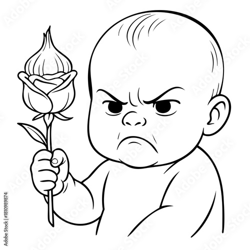 A baby is holding a rose in his hand and looks angry. The baby is holding the rose in a way that makes it look like he is trying to throw it