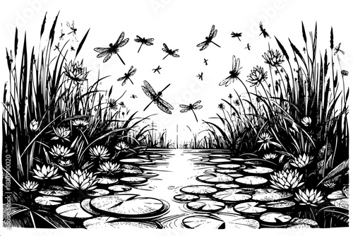 A black and white drawing of a pond with many dragonflies flying over it. Scene is peaceful and serene, as the dragonflies glide gracefully over the water