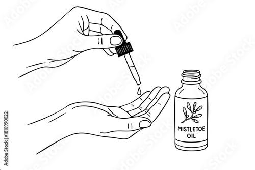 A bottle of mistletoe oil is being poured into a bottle by a person. The bottle is being held by the person's hand