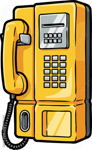 Yellow retro payphone communication device cartoon illustration