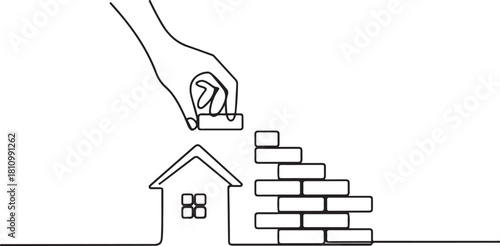 One line continuous building house. Concept of hand arranging bricks. one line Icon drawing with white background