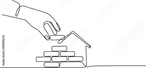 One line continuous building house. Concept of hand arranging bricks. one line Icon drawing with white background