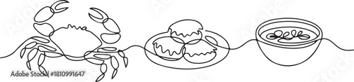 Continuous line design of crab dishes. one line Icon drawing with white background