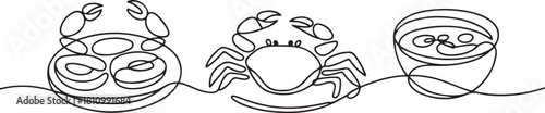 Continuous line design of crab dishes. one line Icon drawing with white background