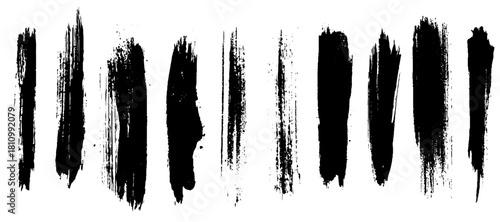 ten brush stroke black ink. Various styles filled, outlined, and partially filled. Grunge texture. Abstract art.