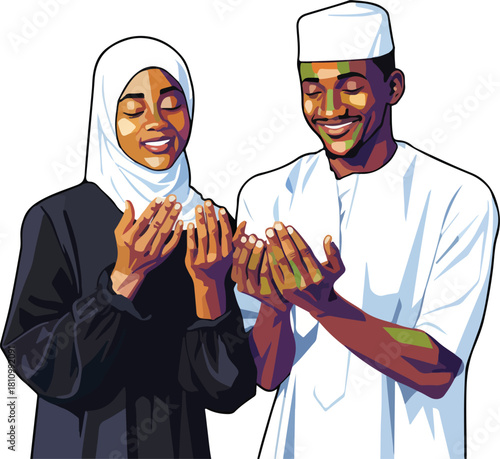 African Muslim couple praying by supplicating vector illustration