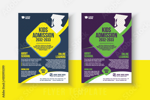 kids school admission flyer template. Flyer brochure cover template for Kids back to school education admission layout design. Creative and modern kids admission education poster, brochure layout.