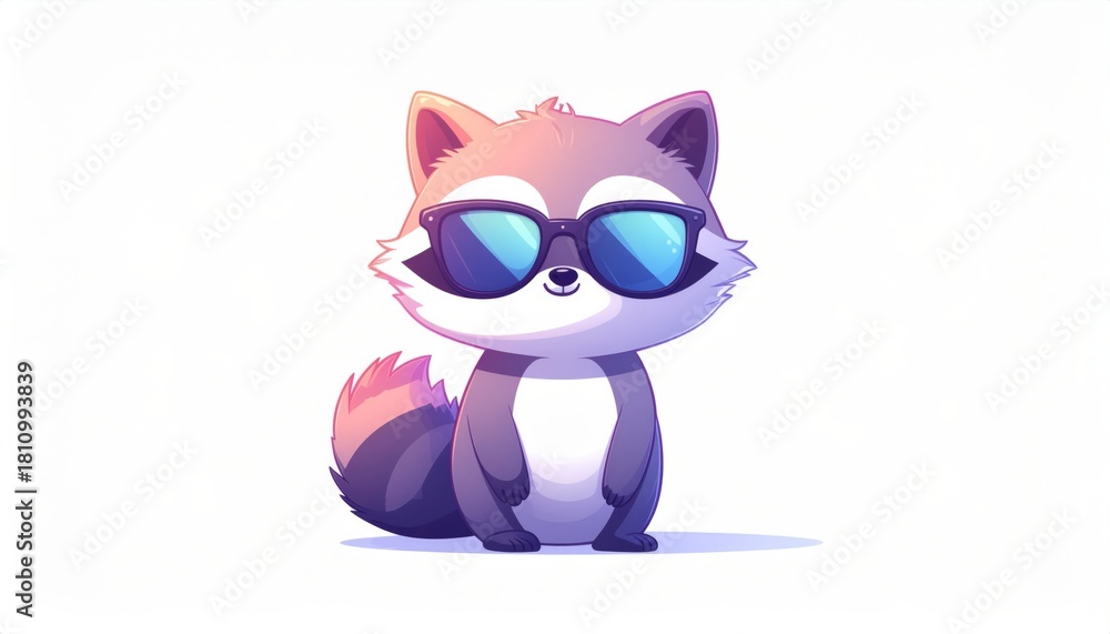 Fototapeta premium Cartoon colorful raccoon with sunglasses on white background