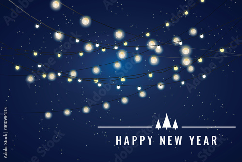 Happy New Year Dark Blue Night Background with Glowing String Lights and Snowy Sky.