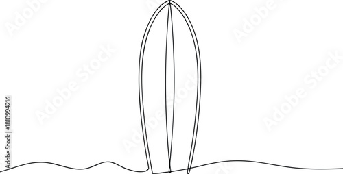 Single line drawing of a surfboard on waves surfing