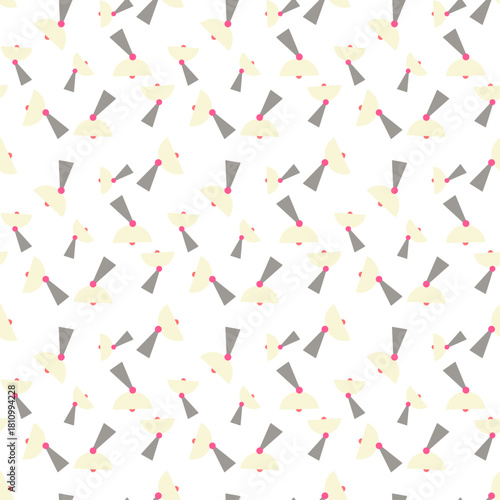 flat design pattern of satellite dish with a light yellow, parabolic receiver. It is mounted on a grey, conical base and has small pink spherical accents at the connection points